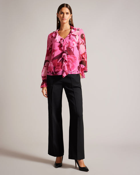 LUUCIIE-Tops-Let your stye bloom with the LUUCIIE blouse. With a flattering V-neckline and elegant sleeves, this blouse is perfect for both casual and dressy occasions. Flared cuffs add a playful detail to complete the look. Blouse Abstract floral print Ruffled front Metal ball trim V-neck Long sleeves Flared cuffs- Ted Baker Romania